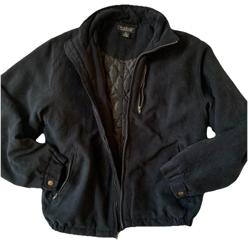 Montage Collection Black Faux Suede ZipUp Bomber Jacket With Pockets Size M